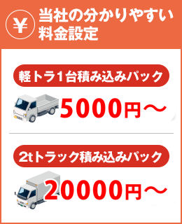 当社の分かりやすい料金設定　軽トラ1台積み込みパック 25,000円　2tトラック積み込みパック 60,000円